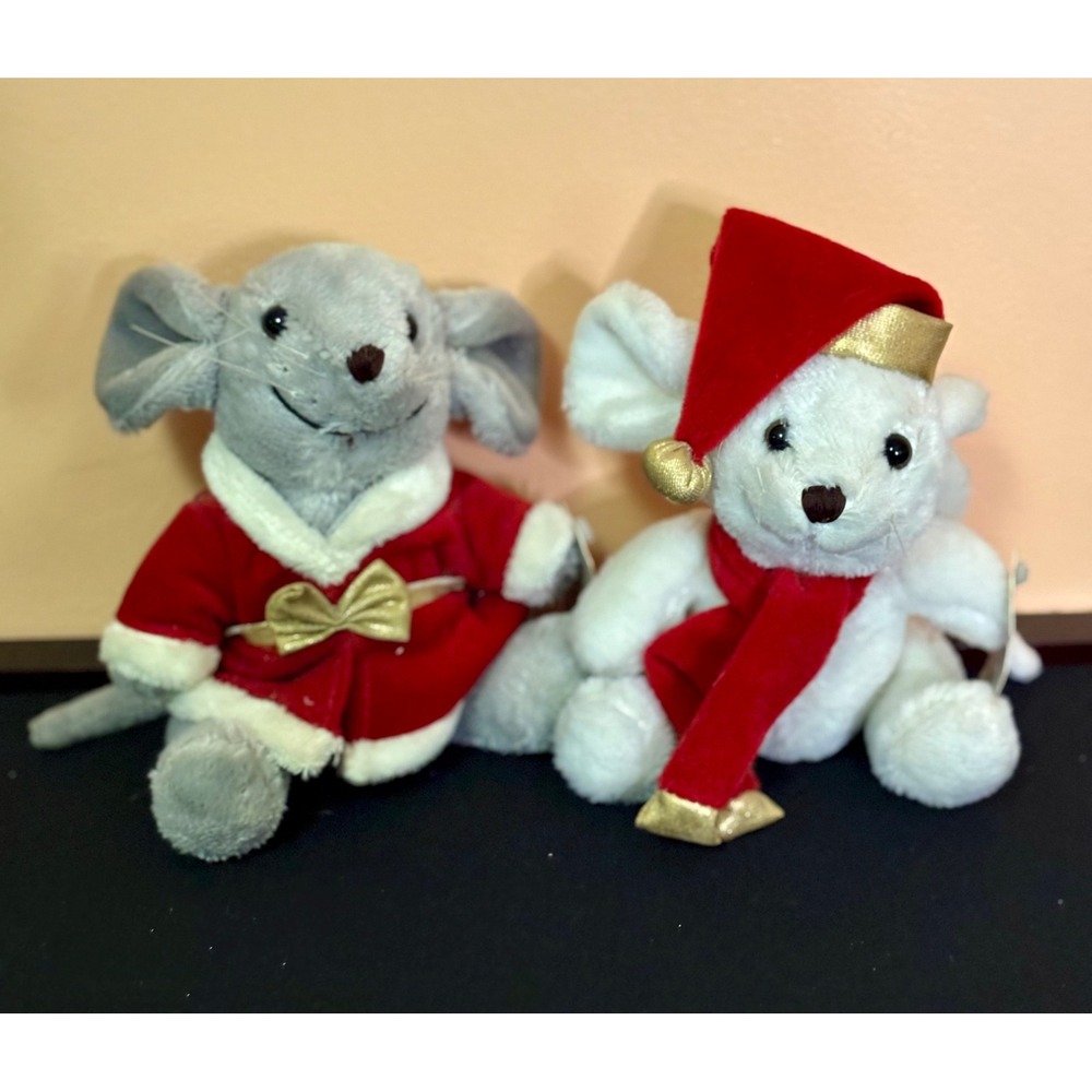 2003 Vintage CVS Precious Presents Christmas Mouse Plush Set Grey White Tags
